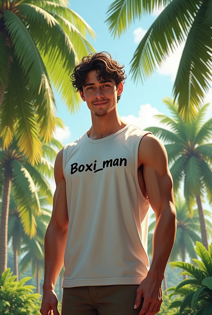 A young man wearing a armless name on the armless is BOXII_MAN standing under the coconut plantation 