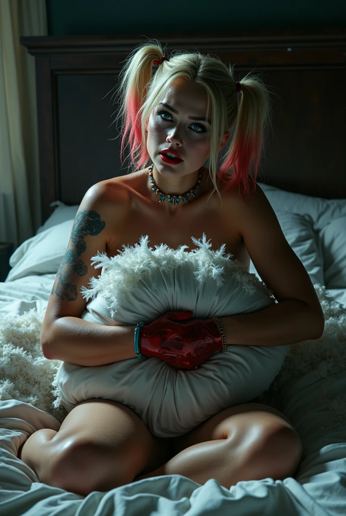Harley Quinn sexy ripping a bed pillow 