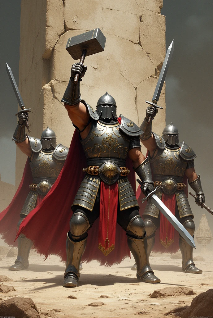 three armored warrior, two hold swords, one holding hammer, breaking wall together, 