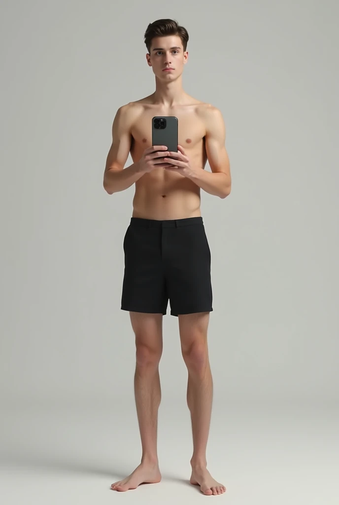 Slim skinny guy wearing black half pan and no shirt with an i phone 15 pro max bare foot
Skinny boy no muscles