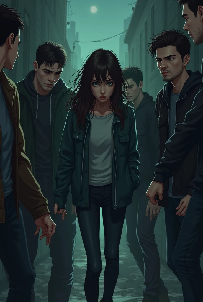 A women afraid by a boys gang 