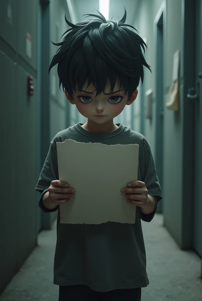 A boy stands holding a piece of paper, looking sad.