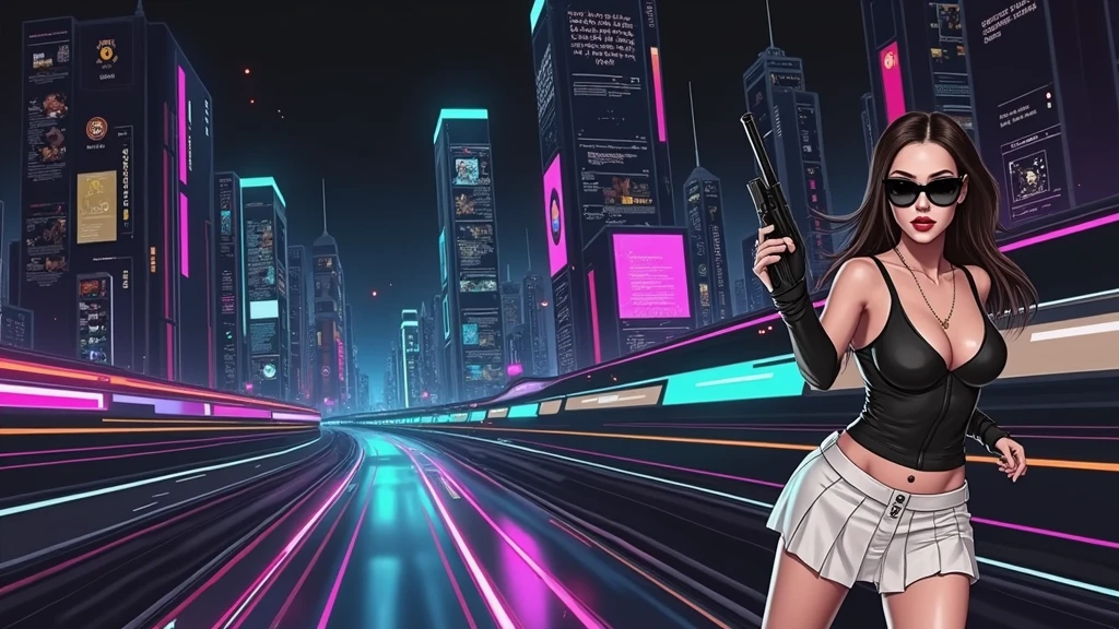 Futuristic cityscapes with colorful all-glass outlined towering skyscrapers with lightning, flying vehicle. High-resolution OLED GUI interfaces in the building, The windows are filled with transparent data visualization infographics that show it all, from weather patterns to traffic flow. Colors are saturated and vibrant. At night, (1girl, solo, alone), photorealistic, large-breast slim:0.6 body, oval:0.5 face, cleavage:1.1, very low angle view of pleated miniskirt, deep-v, (upskirt), glove, (Matrix style black micro sunglasses), (aiming viewer with a short gun), dynamic running pose, (half-body thigh level close-up shot), cinematic lighting, ray tracing, motion blur background.