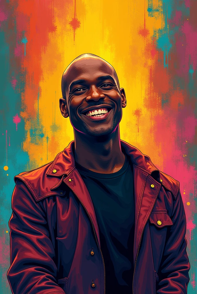 Poster for a theatrical show with a black actor,baldie, without mustache, smile and loud, in drawing image