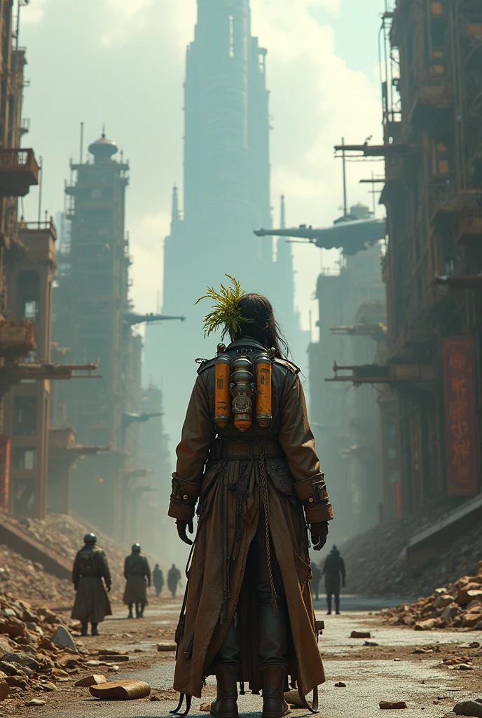 Aerial View of panoramic distopic city, steam punk, drones, metal, steel, sky line, britge, gate, soldier, street, army, rebelion, resistence, hologram, rusty metal, space ship, mega structure, oxygen Mask, ,oxygen tank with palnt in side, Wearing scrap clothes, metal gears, sniper, weapons, spikes, leather trench coat, pipes apparent, Apparent installations, machine scrap exposed mechanic cabling, a screenshot inspired by Mad Max, Neon Ligth, Trash, Garbage, Blade Runner, robotic scrap, android scrap, cyborg scrap, tumblr, dau-al-set, wearing apocalyptic clothes, ornate cyberpunk robes, chains, debris, smog, Vehicule Scrap from Mad Max, dressed as an oracle, tattered robes, intricate costume design, cyberpunk fashion clothing, still from a fantasy movie, post apocalyptic attire, mechanic exposed, cables, scrap, sky line of ruins.