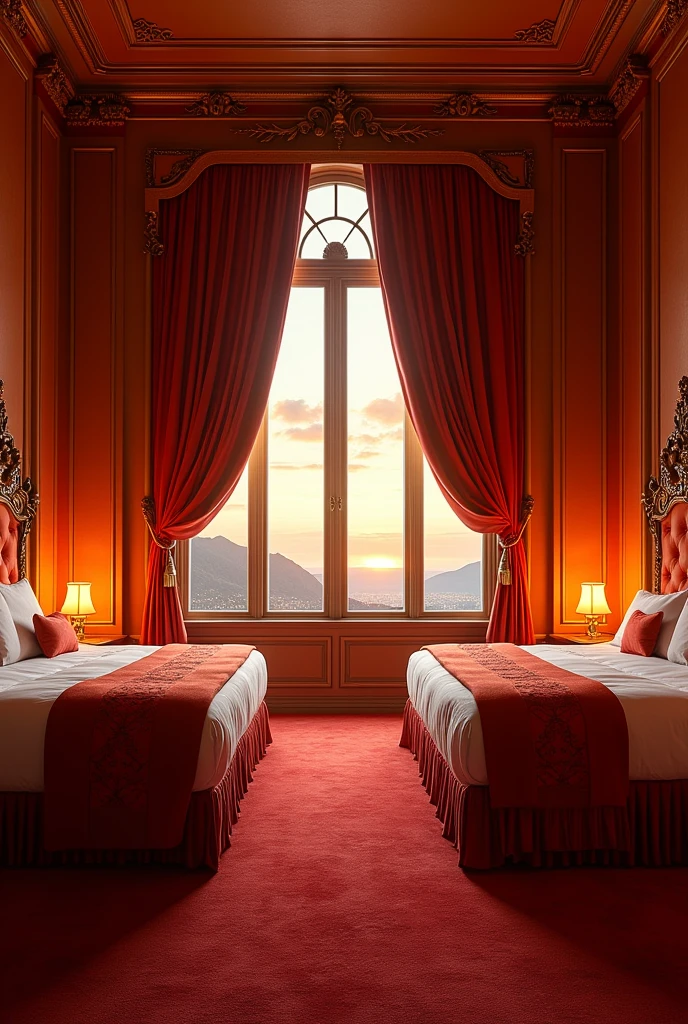 the large bedroom has 2 single beds, one on each wall, with good space between them and a red carpet on the floor. The walls are covered with rich fabrics in warm tones such as red, orange and gold. Beds are large and sophisticated, with ornate headboards that often include details that evoke flames. The sheets and blankets are made of high quality materials, with patterns that imitate the heat of a fire. Each room is equipped with a smaller fireplace or heat source, providing a comfortable and welcoming environment. The window allows a spectacular view and can be decorated with heavy curtains that help maintain privacy and internal temperature. The decor is elegant, with furniture and accessories that complement the fire theme and create a comfortable space for residents.