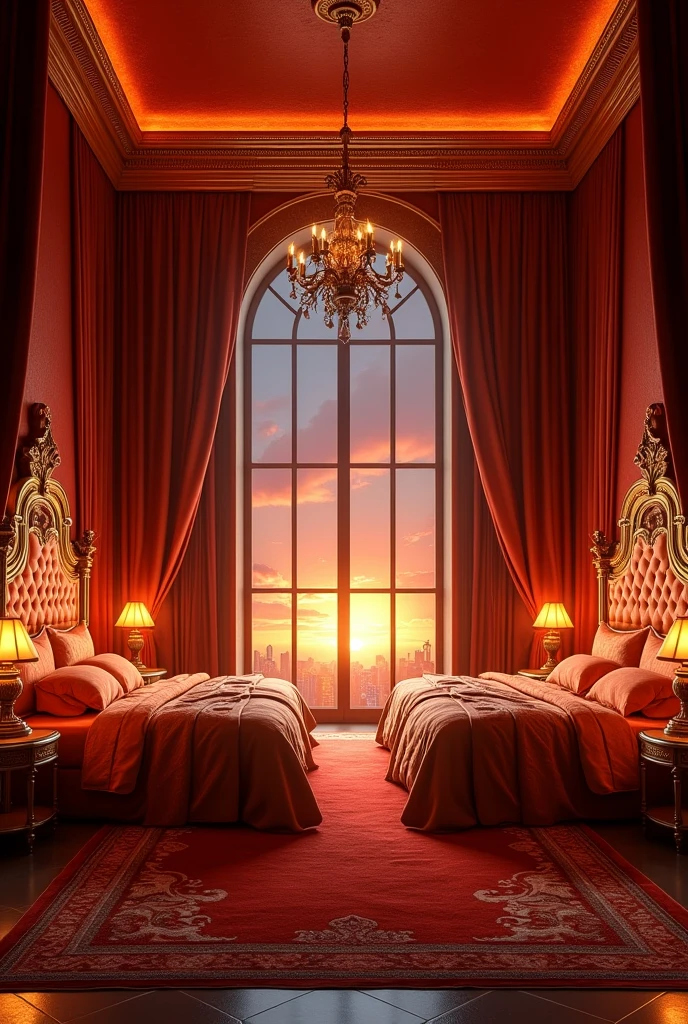 the large bedroom has 2 single beds, one on each wall, with good space between them and a red carpet on the floor. The walls are covered with rich fabrics in warm tones such as red, orange and gold. Beds are large and sophisticated, with ornate headboards that often include details that evoke flames. The sheets and blankets are made of high quality materials, with patterns that imitate the heat of a fire. Each room is equipped with a smaller fireplace or heat source, providing a comfortable and welcoming environment. The window allows a spectacular view and can be decorated with heavy curtains that help maintain privacy and internal temperature. The decor is elegant, with furniture and accessories that complement the fire theme and create a comfortable space for residents.