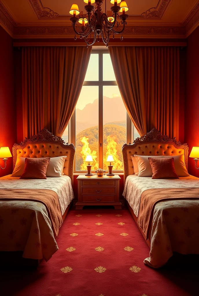 the large bedroom has 2 single beds, one on each wall, with good space between them and a red carpet on the floor. The walls are covered with rich fabrics in warm tones such as red, orange and gold. Beds are large and sophisticated, with ornate headboards that often include details that evoke flames. The sheets and blankets are made of high quality materials, with patterns that imitate the heat of a fire. Each room is equipped with a smaller fireplace or heat source, providing a comfortable and welcoming environment. The window allows a spectacular view and can be decorated with heavy curtains that help maintain privacy and internal temperature. The decor is elegant, with furniture and accessories that complement the fire theme and create a comfortable space for residents.