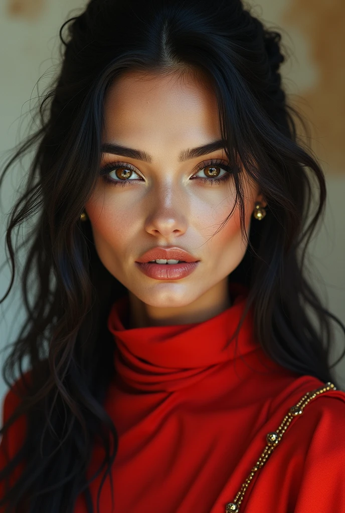 I want you to make me a young woman, with black and genuine eyes, straight eyebrows, fine lines and with a mixture of indigenous, the red clothes of a non-existent past era but with futuristic features, the long black hair, with white highlights, long nose arabic style, big mouths like angelina jolie, and thin face shape