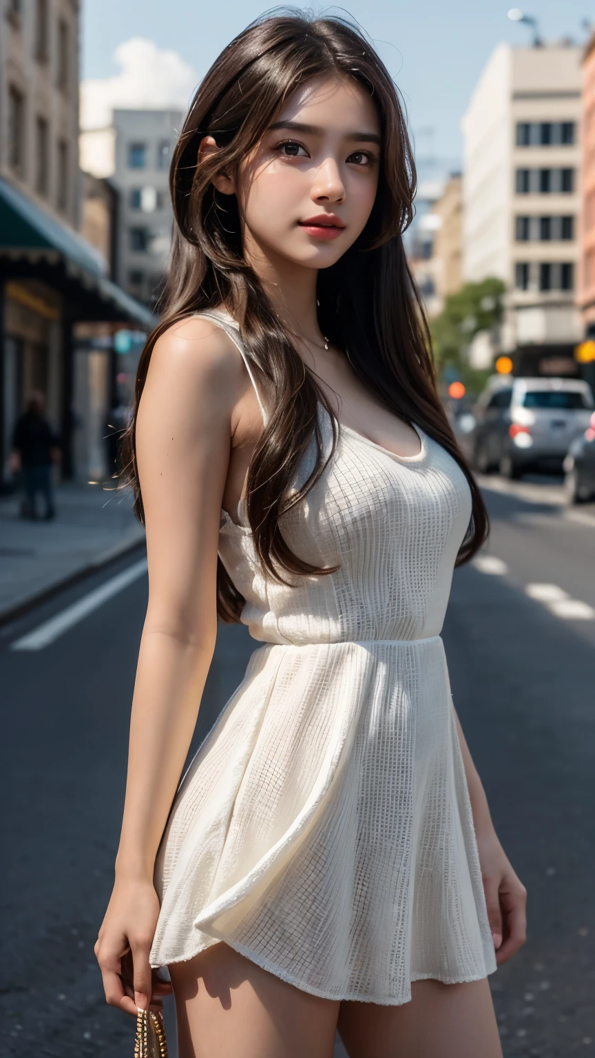 a beautiful indian young girl, 18 years girl, detailed face with beautiful eyes and lips, long hair, street fashion style, above knee length dress, youth dress, detailed youth dress, street view in background, photorealistic, masterpiece, 8k, ultra detailed, highly detailed, realistic, cinematic lighting, vibrant colors, warm tones, masterpiece,highres,ultra-detailed,8k, (best quality,8k,highres,masterpiece:1.2),ultra-detailed,(realistic,photorealistic,photo-realistic:1.37),warm lighting, vibrant colors, soft focus, elegant, cinematic, highly detailed, professional digital art, 32k CG unity wallpaper, UHD, Ultra HD, ultra realistic, hyper realistic, ultra sharp, vivid, Glow face, realistic skin, realistic smile, realistic atmosphere, cutest smile, realistic body, stylish look, stylish angles, beautiful background scenery, detailed background, hyper-detailed, glow skin, cinematic photography, award winning Photography, Very High Resolution picture quality, Very High PPI, bright skin, glow,