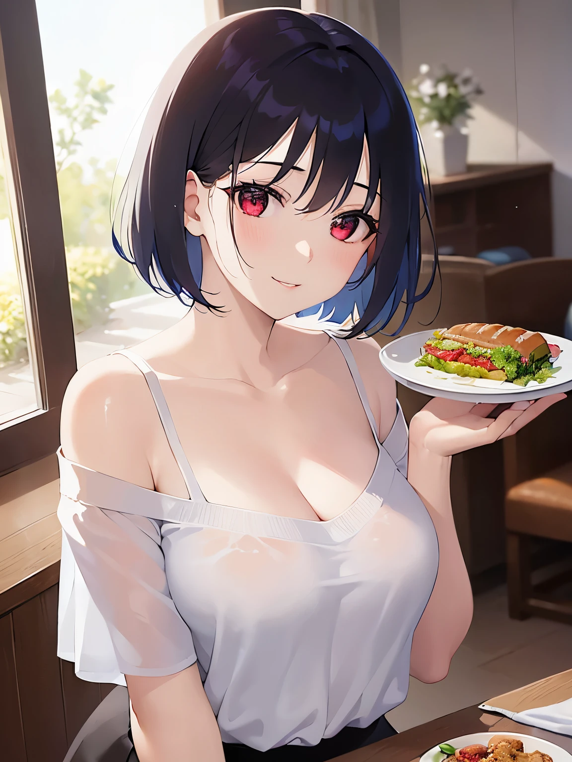 holding food on a plate、Biologically correct five fingers、mature female、big breasts, Upper Body, (pale skin:1.2), shiny skin, shiny hair、(A woman in her 40s) and (bob cut) and (wavy hair) and (hair between eyes) and (black hair) and (red eyes), (white) and (off shoulder blouse) 、smile, Alone、Are standing、In the background is a living room with food on a table、
