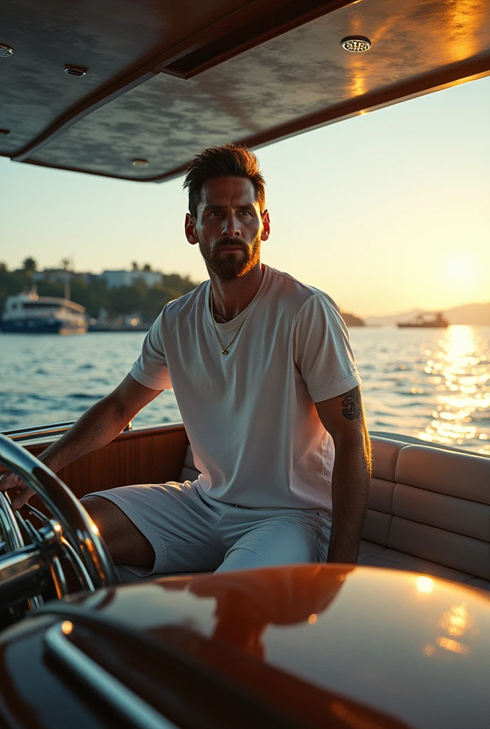 Messi is driving a huge big boat.camer is in front of messi's face