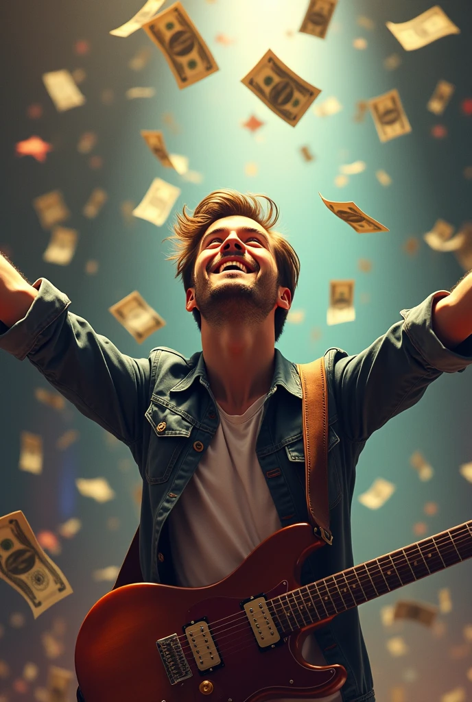A good-looking guitarist smiles happily, looks up, and spreads his arms, waiting to receive the money, which is falling from the sky in large amounts.