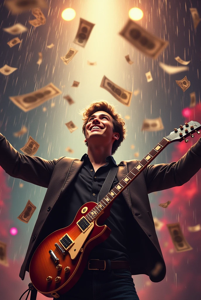 A good-looking guitarist smiles happily, looks up, and spreads his arms, waiting to receive the money, which is falling from the sky in large amounts.