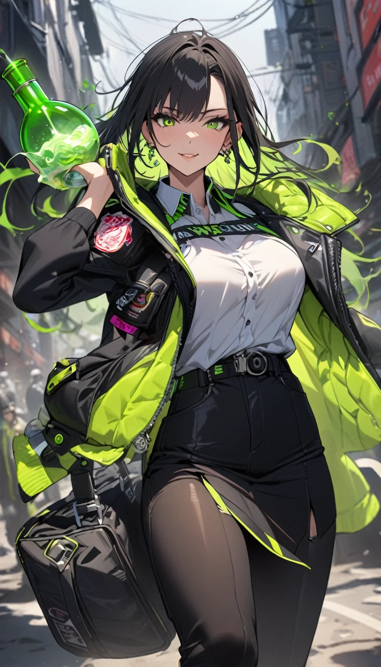 Extremely detailed, masterpiece, Angelic, 1 Girl, Focus on girls, Viper, lime green smoke, a girl holding flask containing green poison, Cool, Fashion Code, dark, green, Black