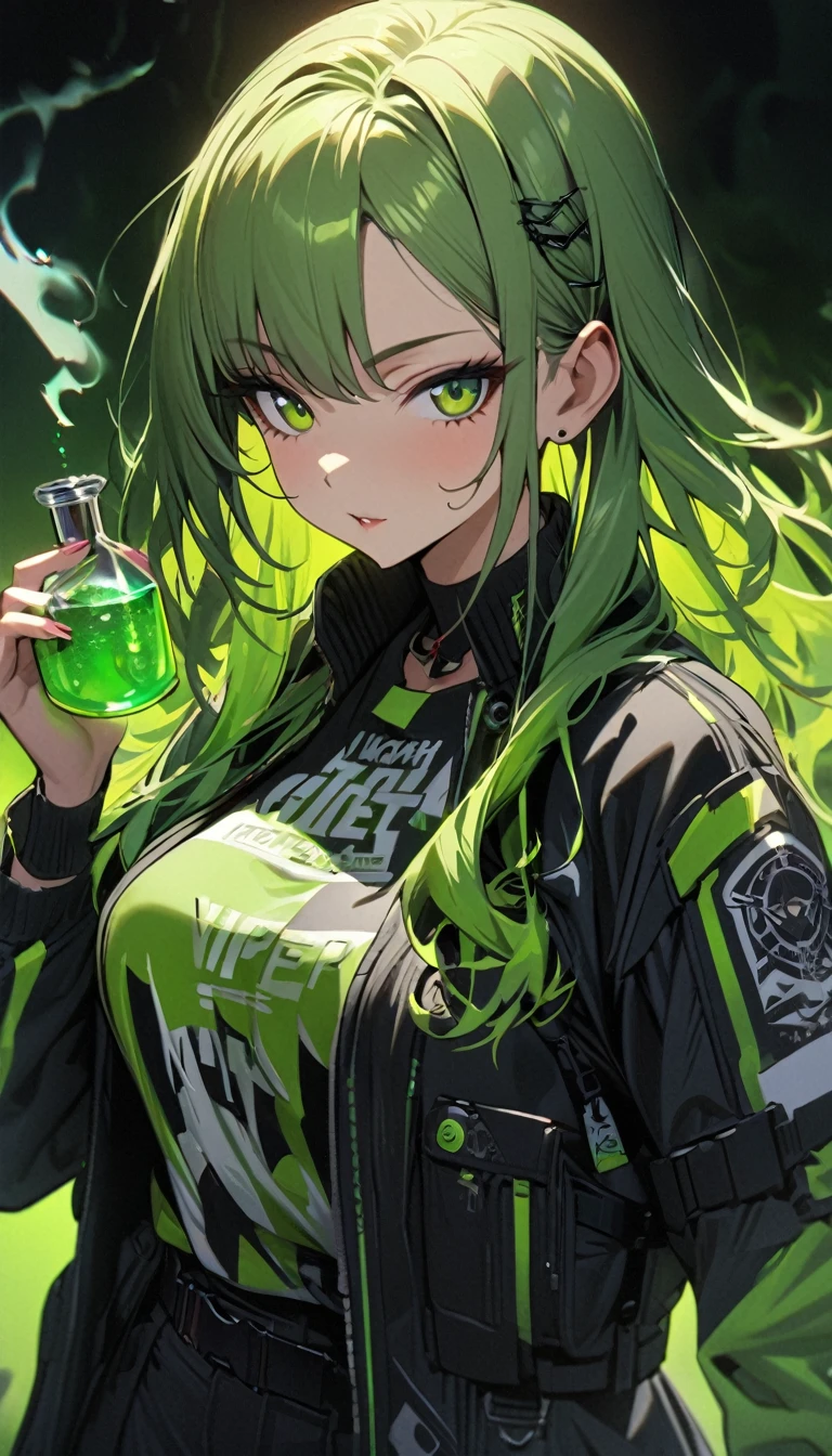 Extremely detailed, masterpiece, Angelic, 1 Girl, Focus on girls, Viper, lime green smoke, a girl holding flask containing green poison, Cool, Fashion Code, dark, green, Black