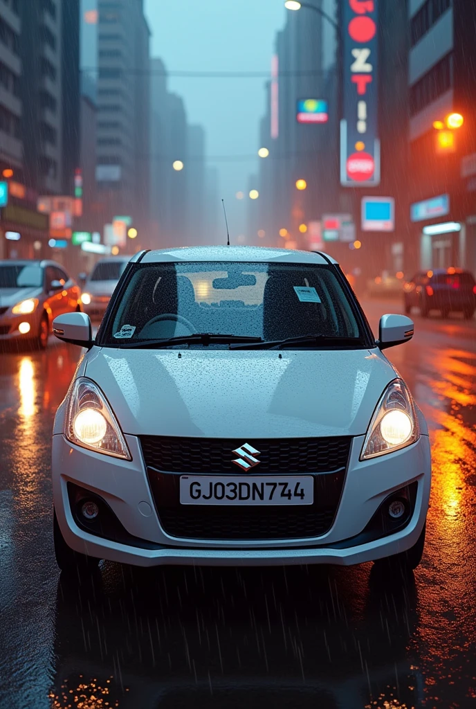 White maruti suzuki swift vdi car 2011 model on road in evening sunlight in background in city neon light and rain and buildings in background with number plate GJ03DN7744