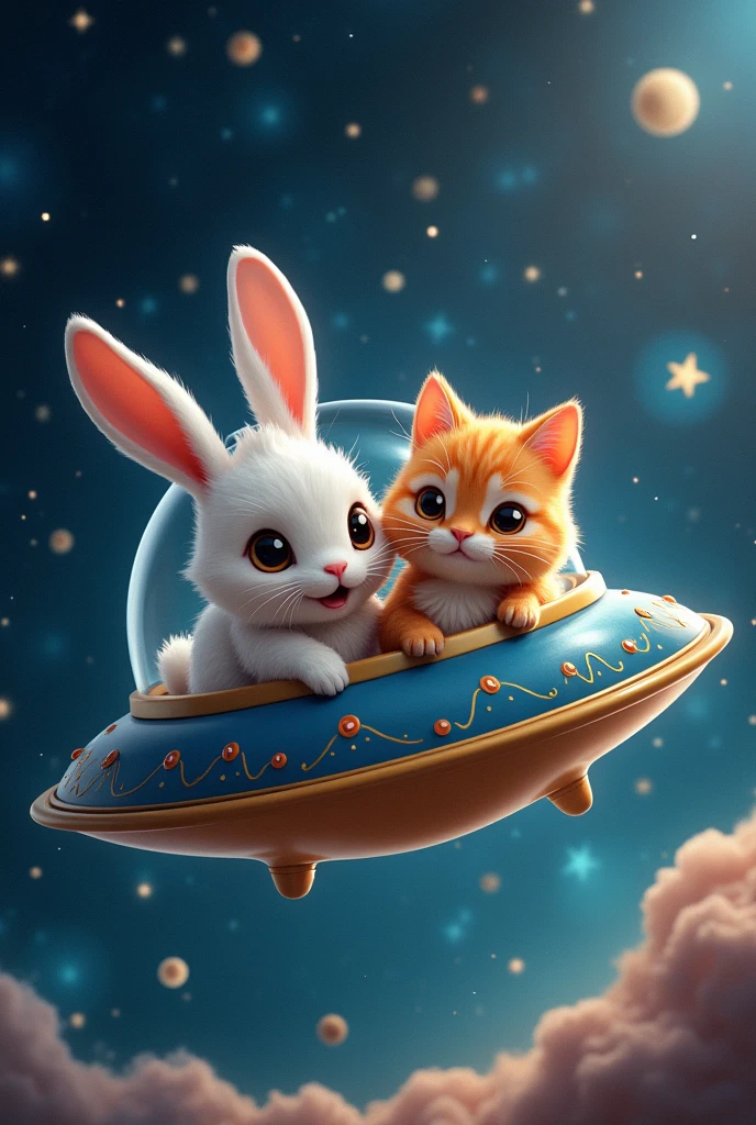 Cute Rabbit and cute cat on ufo in space