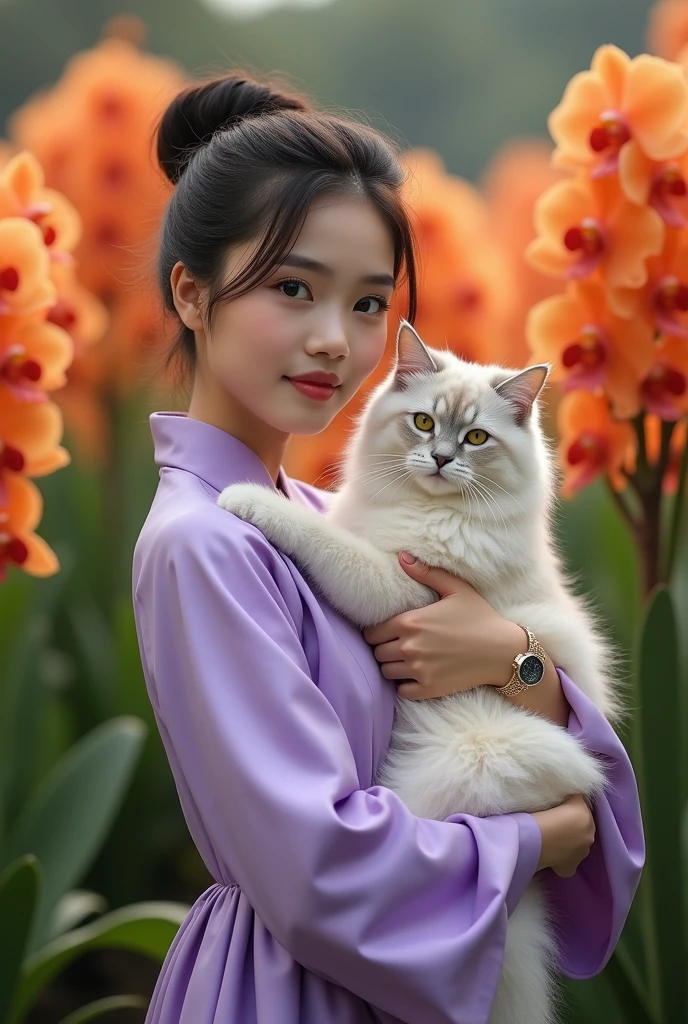 A beautiful Indonesian girl, smooth white skin, well-groomed face,Korean style bun hair, purple , ,wearing a wide knee length mayung dress, , closed chest, left and right sleeves with beautiful ribbons,balloon sleeve model ,holding a very large angora cat,, big, , ,luxury watch , white shoes, pose standing gracefully, eyes looking at camera. in the thicket , orange orchid flowers that bloom beautifully and profusely. Orchid flower field background , beautiful very amazing .Realistic original photo