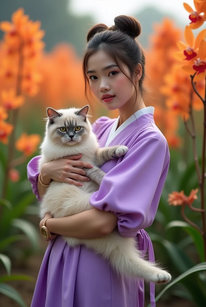A beautiful Indonesian girl, smooth white skin, well-groomed face,Korean style bun hair, purple , ,wearing a wide knee length mayung dress, , closed chest, left and right sleeves with beautiful ribbons,balloon sleeve model ,holding a very large angora cat,, big, , ,luxury watch , white shoes, pose standing gracefully, eyes looking at camera. in the thicket , orange orchid flowers that bloom beautifully and profusely. Orchid flower field background , beautiful very amazing .Realistic original photo