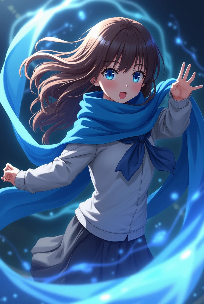 Anime Girl, Blue scarf, Blue Eyes, and Long brown hair, Doing Sukuna’s domain expansion pose