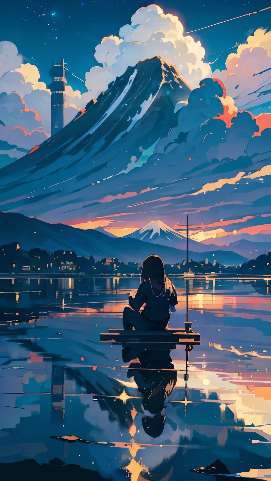 masterpiece, Exquisite detail,Highest quality, One Girl, alone, handrail, cloud, building,Long Hair, null, Long sleeve, Power lines, White footwear, Black Hair, Electric pole, bangs, cloudy null, fish, bird, Green Eyes, Shorts, Day, Black Shirt, barefoot,star,milky way,流star,Pitch black,building,High quality anime art style，Character portrait，Splash ink background,Blue Theme,Clear Face,Distinctive facial features,Fuji Mountain,Fuji Mountain,building in Tokyo,look at me,Rear view,Shining star々,milky way,Sit on the water,Bright sky,Daytime,Look straight ahead,Future City,train,railway crossing,Day没,A train running on the tracks