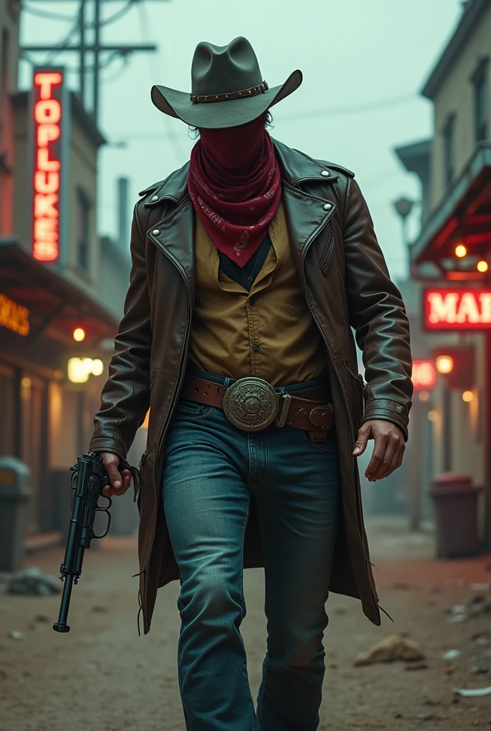 a rugged male cowboy gunslinger in a dusty post-apocalyptic cyberpunk wild west town, wearing a red bandana, walking with a revolver in hand, jesse mccree from overwatch, gungrave, western steampunk cyborg, in the style of red dead redemption 2, dressed as a western sheriff, highly detailed, 8k, photorealistic, cinematic lighting, dynamic composition, dramatic chiaroscuro, moody color palette, gritty and grungy, intense atmosphere