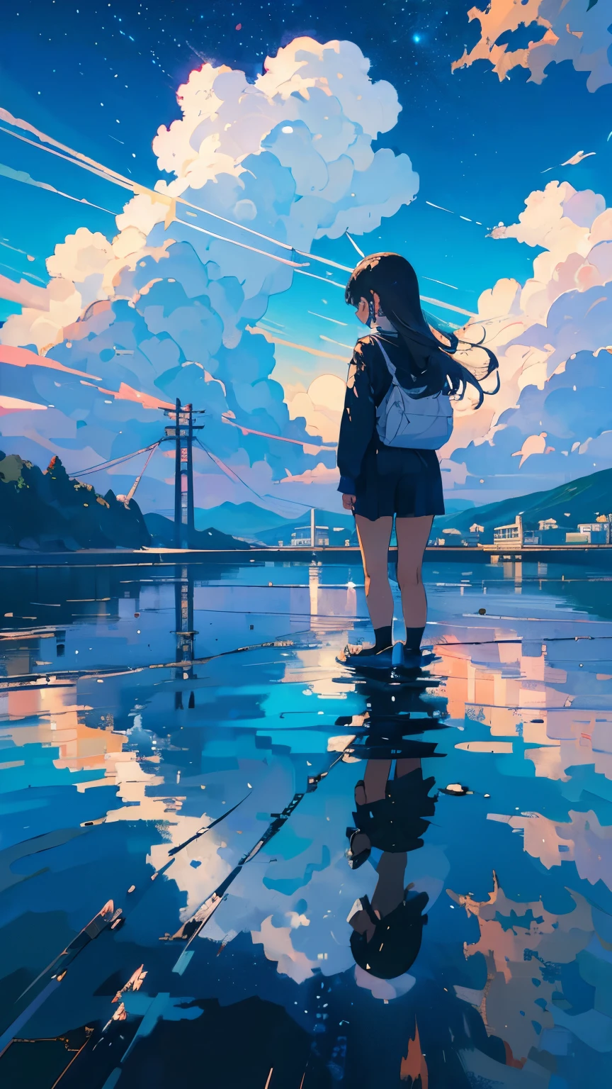 masterpiece, Exquisite detail,Highest quality, One Girl, alone, handrail, cloud, building,Long Hair, null, Long sleeve, Power lines, White footwear, Black Hair, Electric pole, bangs, cloudy null, fish, bird, Green Eyes, Shorts, Day, Black Shirt, barefoot,star,milky way,流star,Pitch black,building,High quality anime art style,Character portrait,Splash ink background,Blue Theme,Clear Face,Distinctive facial features,Fuji Mountain,Fuji Mountain,building in Tokyo,look at me,Rear view,Shining star々,milky way,Sit on the water,Bright sky,Daytime,Look straight ahead,Future City,train,railway crossing,Day没,A train running on the tracks