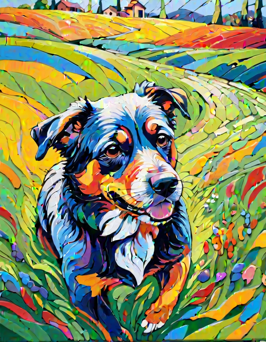 Masterpiece,Best Composition,Dynamic Composition,Colorful Landscape Painting,Dog on Lawn,Close-up of Dog,Psychedelic Landscape,Vivid Oil Painting,Vivid Abstract Landscape.