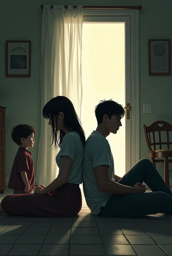 Be,Man and woman sitting back to back at home,Not a word,The atmosphere is very silent,The child could only quietly look at the two of them from the door.