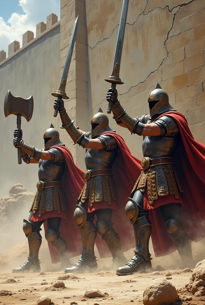 three armored warrior, two hold swords, one holding hammer, breaking wall together,