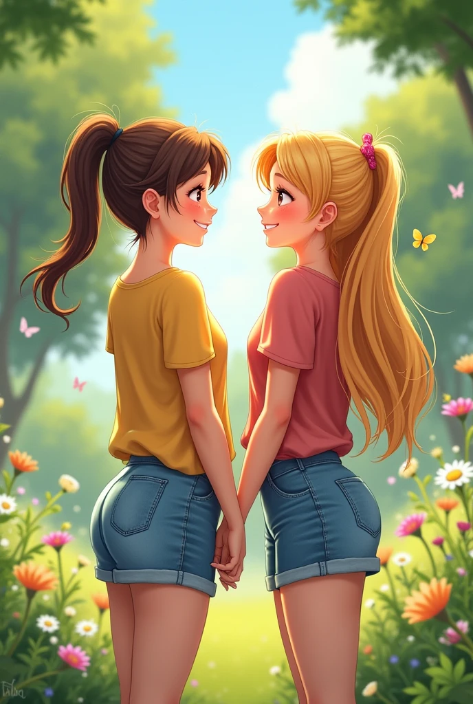 Best friends with brown and blonde hair and ponytails