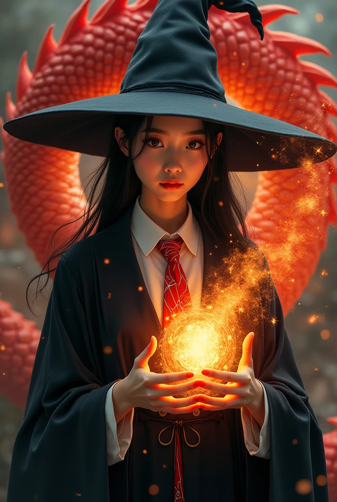 photo, asian woman, white skin, Turn your face and look straight ahead., Black fluffy hair, Wear a black witch hat, Black witch cloak, The inner shirt is a white collar with a white and red tie., Holding a fireball, Behind is a red dragon floating.