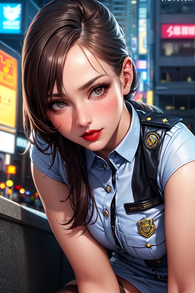 alone, (Police leather uniform, Female police officer), stockings, City lights, (Looking at the audience: 1.3), Release your lips, Red lips, Shiny skin, Skin dents, Highest quality, Ultra-high resolution, (realism: 1.4),  
