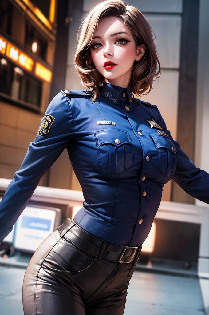 alone, (Police leather uniform, Female police officer), stockings, City lights, (Looking at the audience: 1.3), Release your lips, Red lips, Shiny skin, Skin dents, Highest quality, Ultra-high resolution, (realism: 1.4),