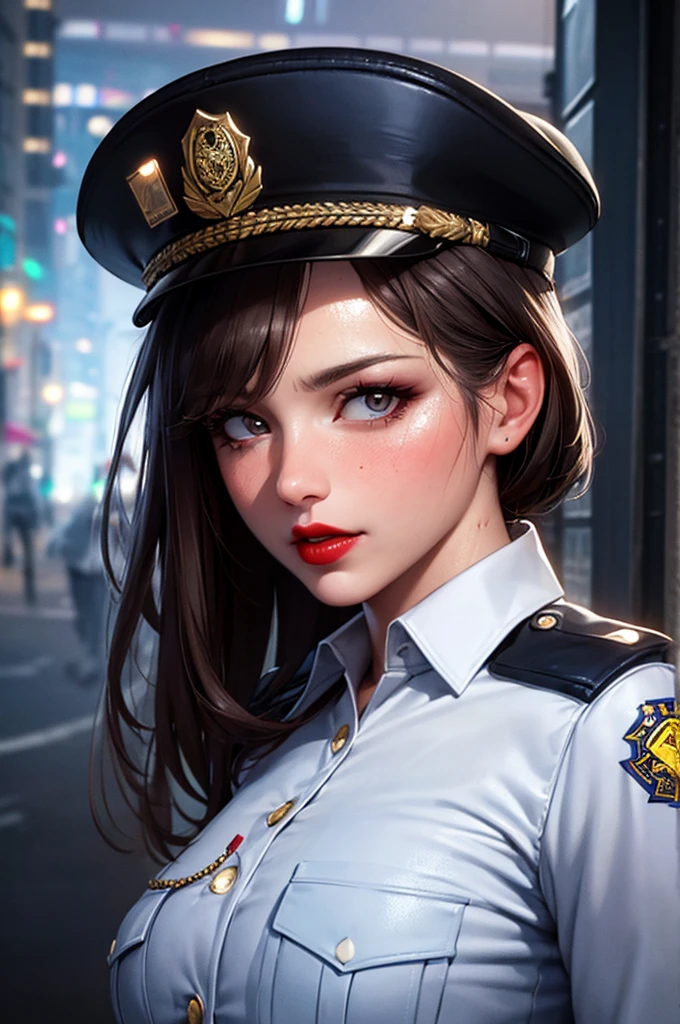 alone, (Police leather uniform, Female police officer), stockings, City lights, (Looking at the audience: 1.3), Release your lips, Red lips, Shiny skin, Skin dents, Highest quality, Ultra-high resolution, (realism: 1.4),  