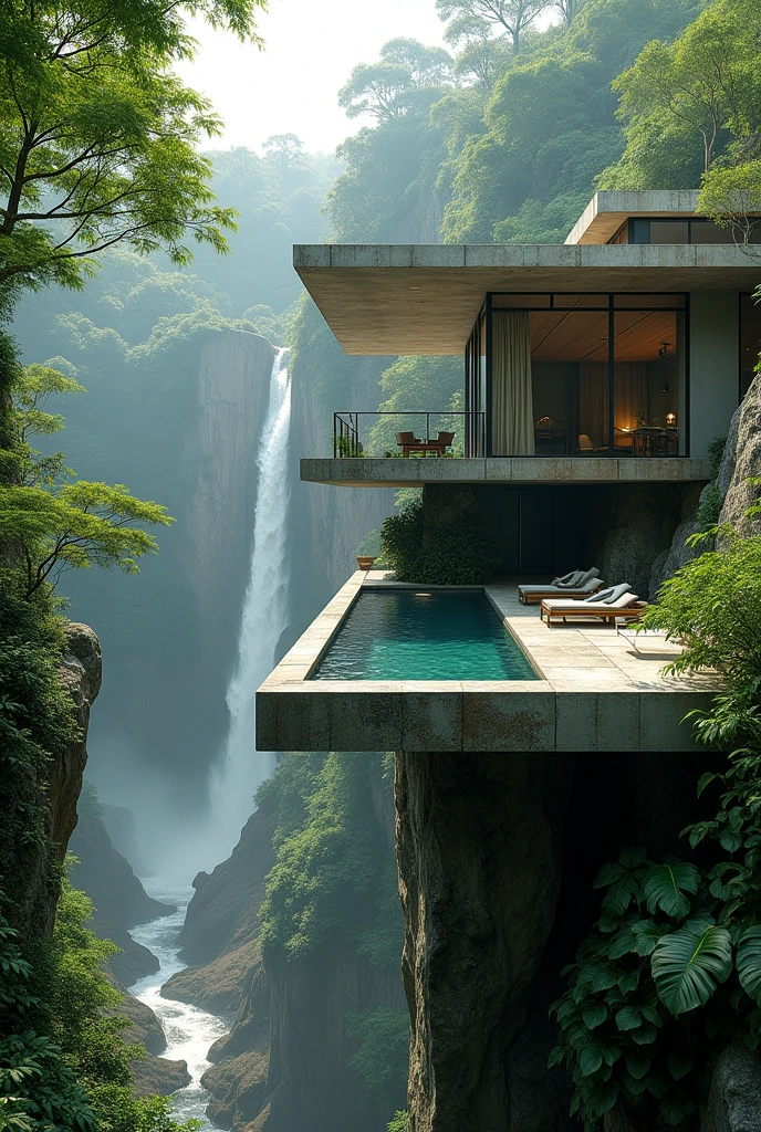 Modern concrete house on top of a waterfall, the dense jungle in tropical climates,hyperrealisti,fot,best qualityer,extremely complete detailed,with an organic picsina,perspective.