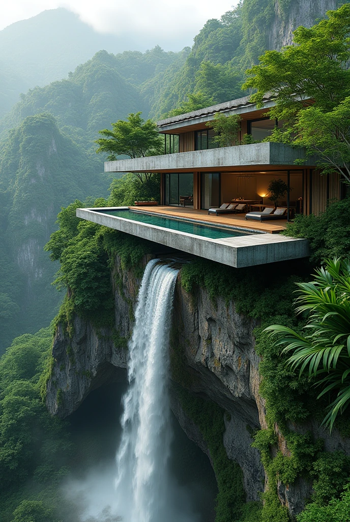Modern concrete house on top of a waterfall, the dense jungle in tropical climates,hyperrealisti,fot,best qualityer,extremely complete detailed,with an organic picsina,perspective.