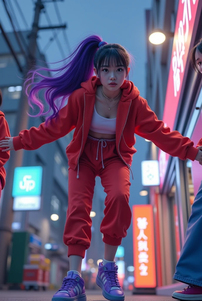 Young korean woman in seoul korea at night, red track suit, sunglasses, purple shoes, purple ponytail, posing in front of a convenience store with friends, wide angle