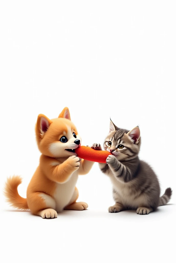 Cute dog and cat tug of war white background