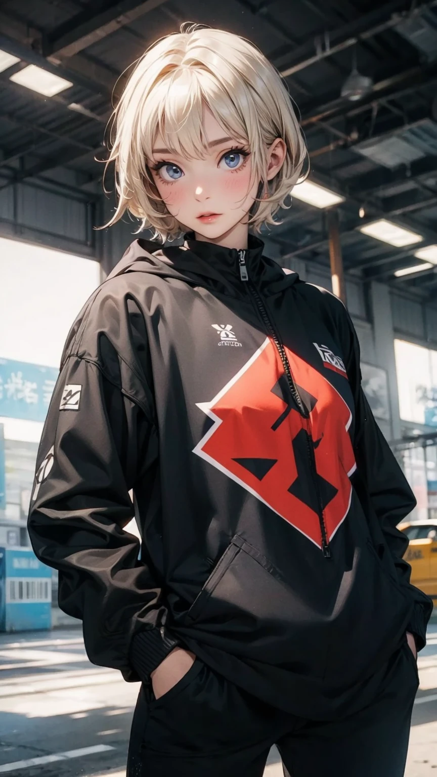 Angle from below, A woman with her hands in her pockets, Black asymmetrical short hair, Street Fashion, Graffitied concrete wall, Anime Style, Digital Painting, (masterpiece, High resolution, Highest quality)