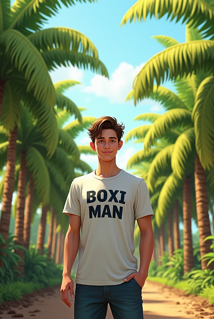 A young man wearing a armless name on the armless is BOXII_MAN with capital letters standing under the coconut plantation 
