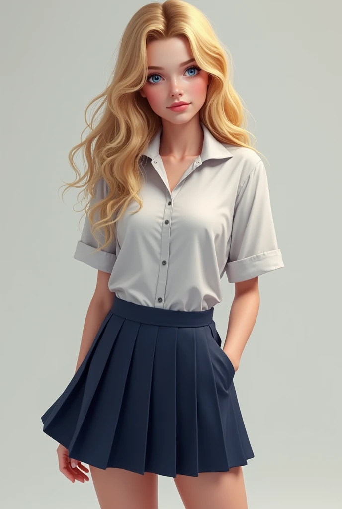 Adult blonde blue eyes wavy hair wearing high school uniform