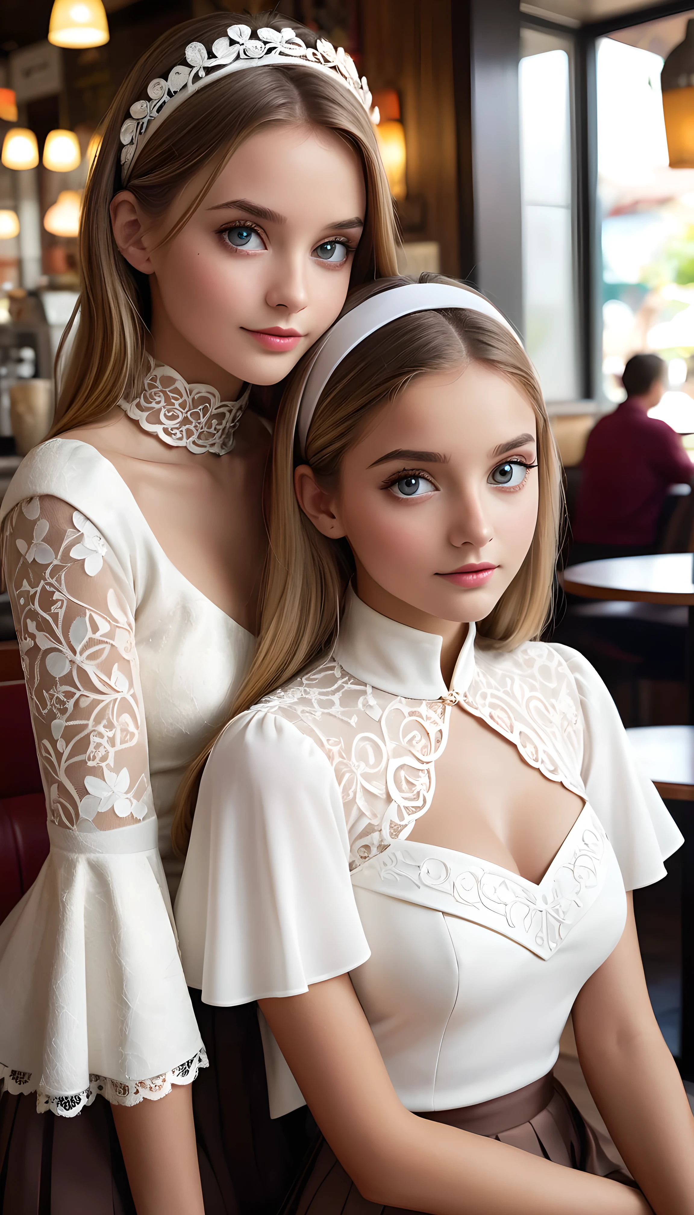 (Beauty shot, portrait:1.3), upper body view of 2girls posing closely together, one girl resting her head on the other girl’s chest, Teen movie star girl sitting in a coffee shop. She poses confidently with a keen smile, strikingly beautiful eyes and dark blonde hair flowing down her back. Her slender physique and small cleavage is accentuated by a flowy coquette blouse with a stand-up collar, and flared sleeves that add to her whimsical charm. A coordinated mini skirt and headband complete her outfit, drawing attention to her beautiful face and striking eyes. The scene is set against a photorealistic 8K background, with intricate details and realistic textures, featuring high-contrast lighting and low-key shadows that enhance the overall composition.