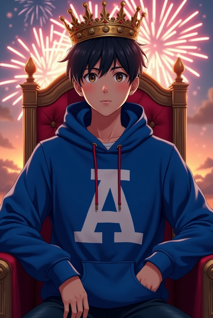 A handsom indian tenage anime boy who has a little white skin wearing a royal blue hoddy printed white letter A and sitting on a thron with crown on his head and sitting like a king have big and attractive drown eye's with cool hair style with a beautiful background in night crackers flying in the sky which makes the boy look more good
