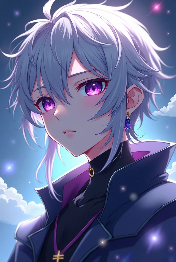 Anime, handsome youth, long silver hair that is slightly pulled back on the left side
very ruffled at his forehead, dividing into multiple other strands, mesmerising amethyst eyes, male idol, amethyst cross earring on the left ear, noble bearing, demon ascendance, Enkidu appearance, sci-fi clothes