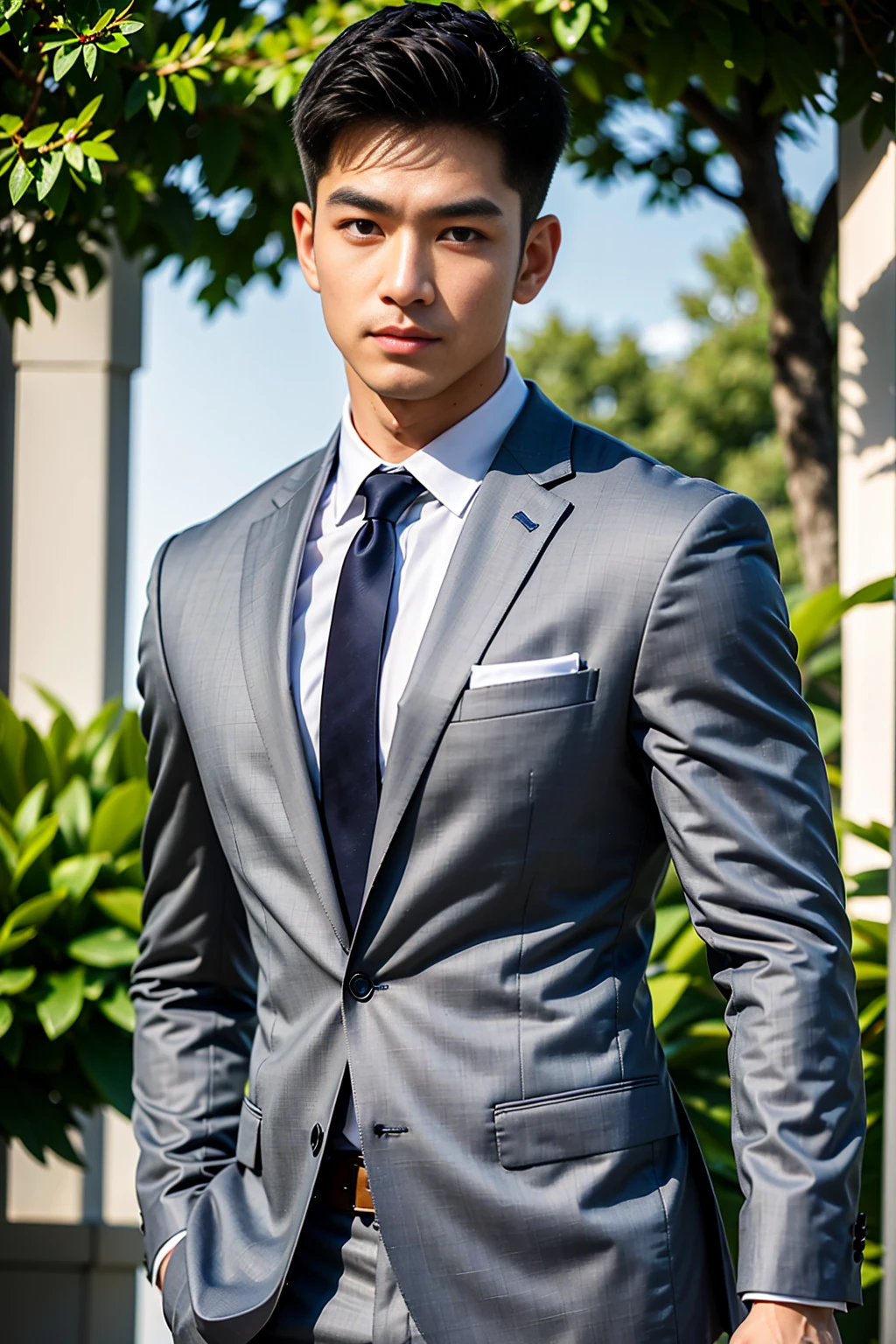 masterpiece, bestquality, High Quality, extremely detailed cg unity 8k wallpaper, Depth of Field, HDR,,photorealistic portrait,Very detailed, 1 man, asian, Short black hair (wearing a gray suit), Pectoral muscles, Big arm muscles, blood vessel, Big muscles, Wide shoulders, looking at the audience, balance eyes, (eye contact)
