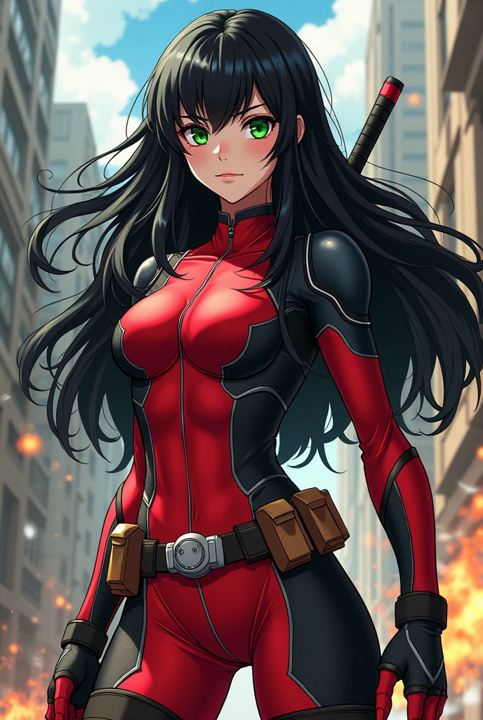 Girl with black hair, long, green eyes, Tez blanca, with hero suit inspired by deadpool suit, my hero academia anime style 
