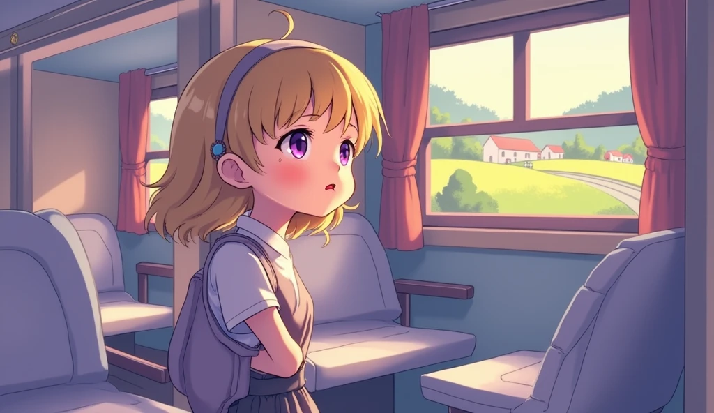 girl, summer, on a train, looking out of the window,