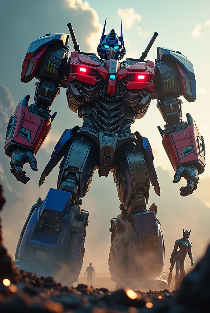 Optimus Prime as Ekkarit Masiha,Rika Kawai as Mommy long legs,intense fight,highly detailed mecha cyberpunk robot,extremely detailed alien creature,dynamic action pose,cinematic lighting,glowing energy sword,photorealistic,hyper detailed,4k,8k,masterpiece